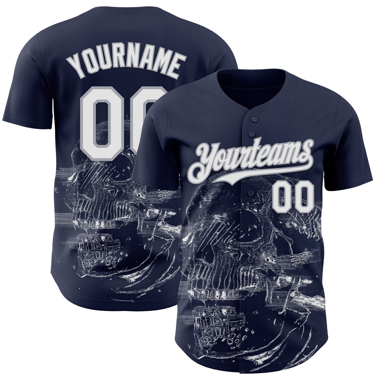 Custom Navy White-Gray Skull Authentic Baseball Jersey - Main View