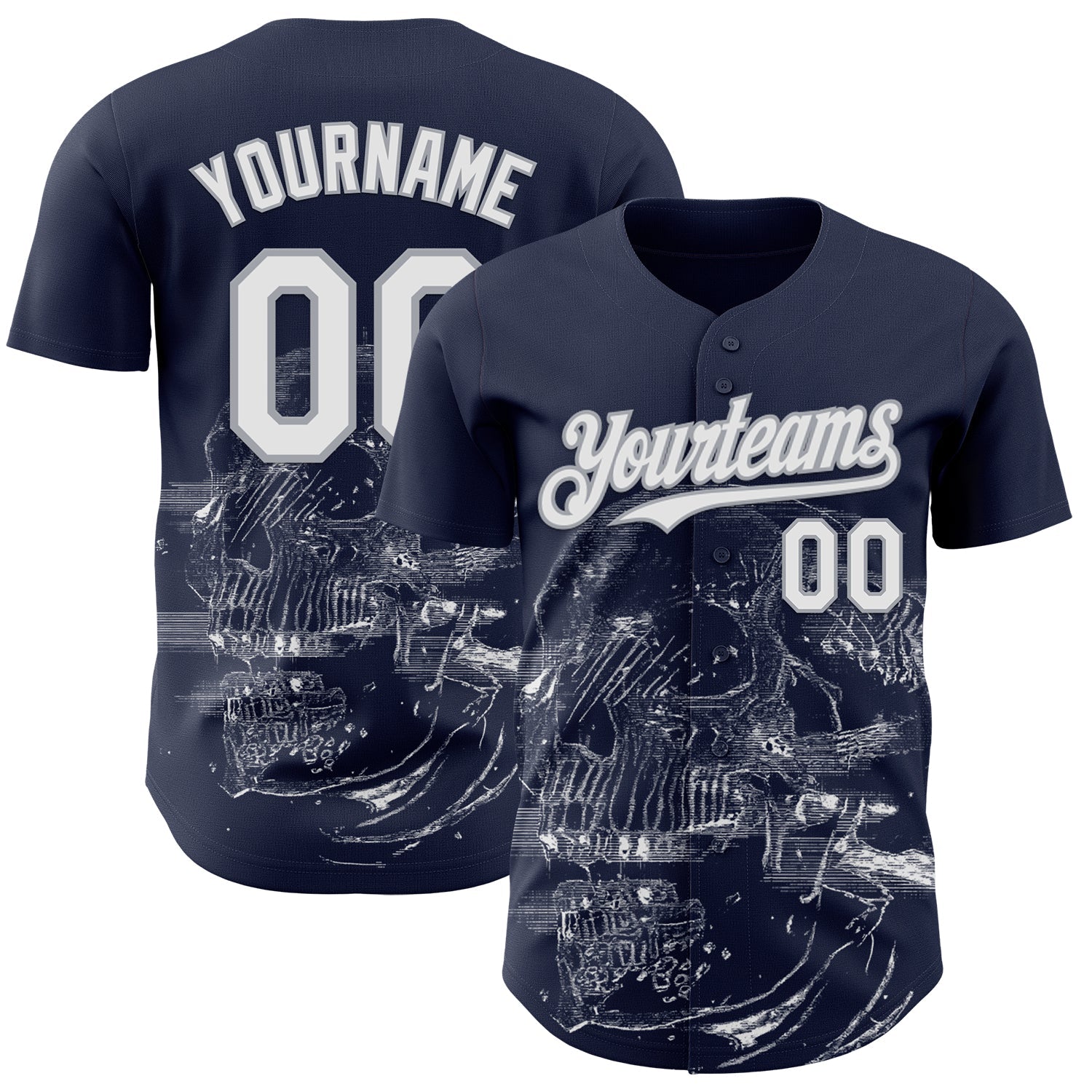 Custom Navy White-Gray Skull Authentic Baseball Jersey - Main View