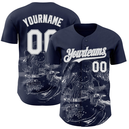 Custom Navy White-Gray Skull Authentic Baseball Jersey - Main View
