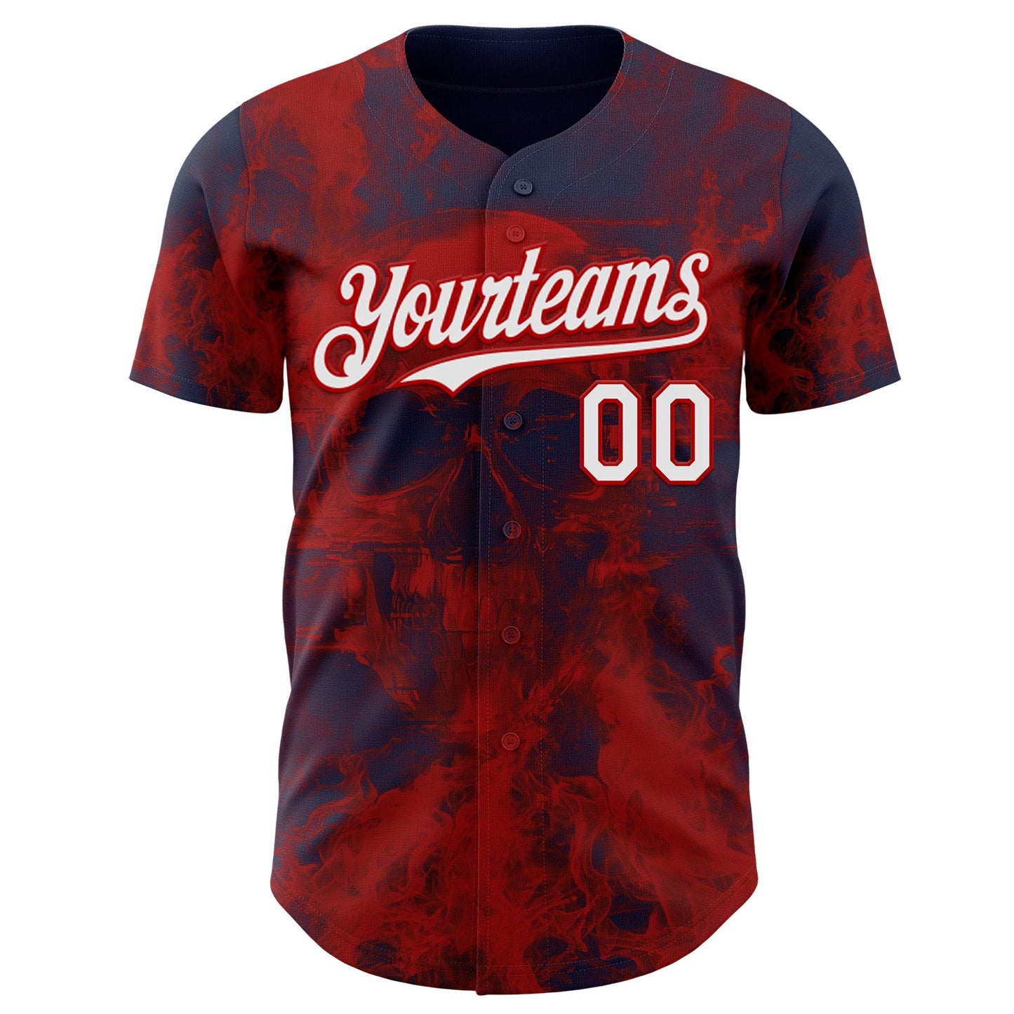 Custom Navy White-Red Flames Skull Authentic Baseball Jersey view 2