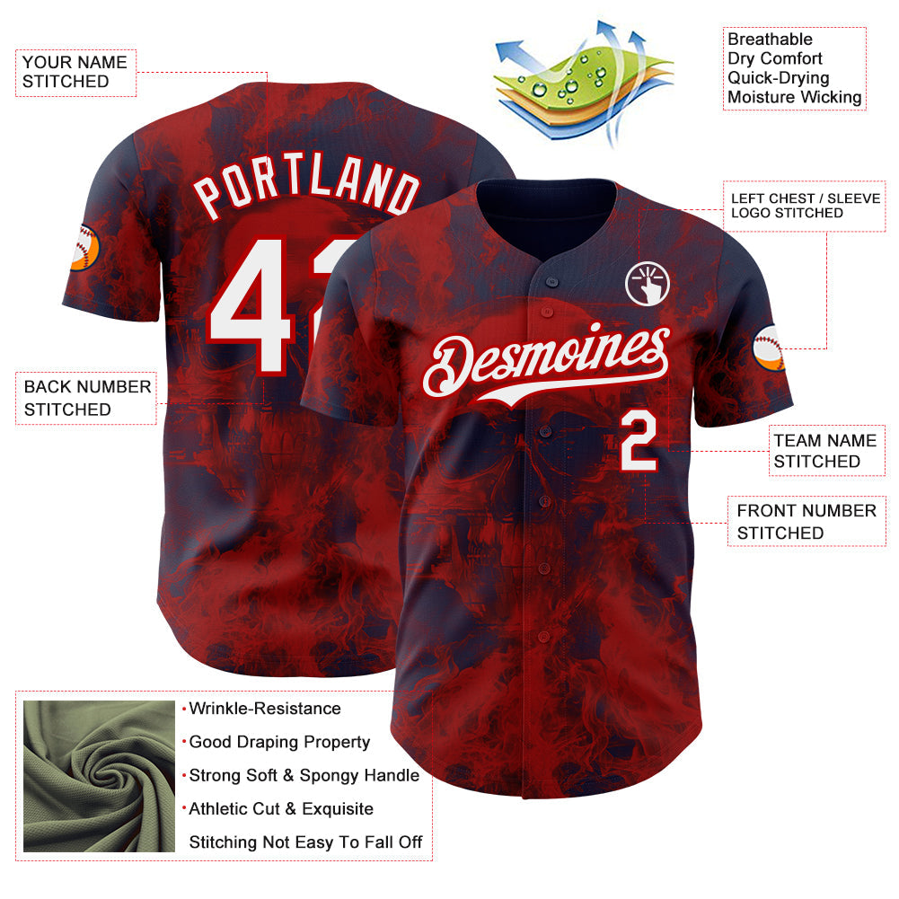 Custom Navy White-Red Flames Skull Authentic Baseball Jersey view 3