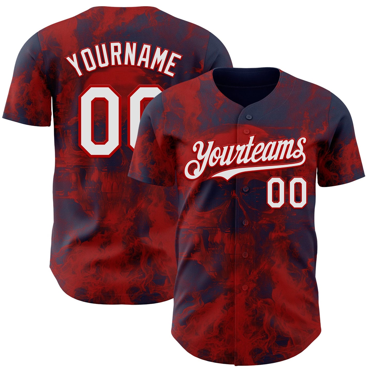 Custom Navy White-Red Flames Skull Authentic Baseball Jersey - Main View