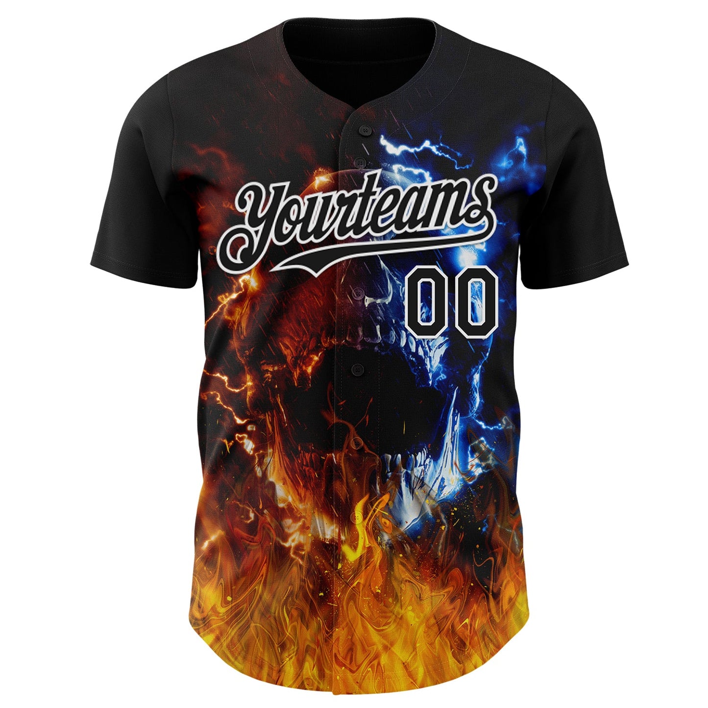 Custom Black-White Flames Skull Authentic Baseball Jersey view 2