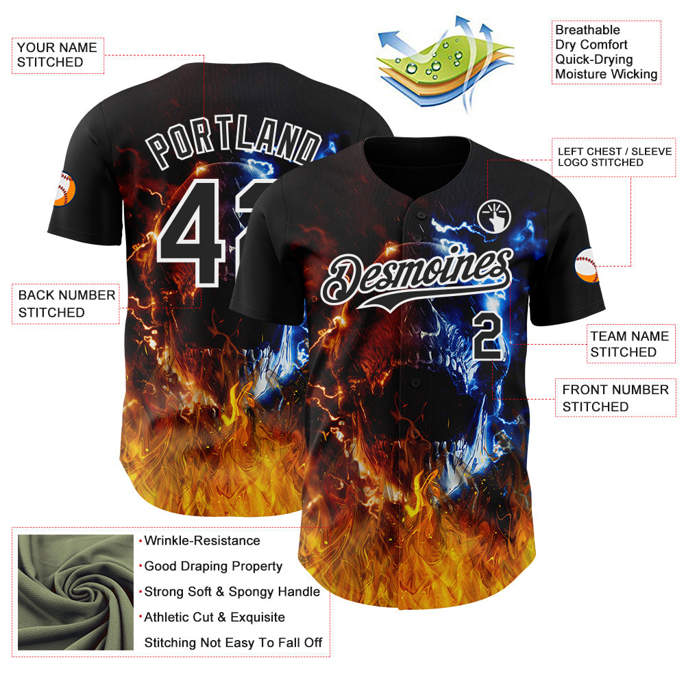 Custom Black-White Flames Skull Authentic Baseball Jersey view 3