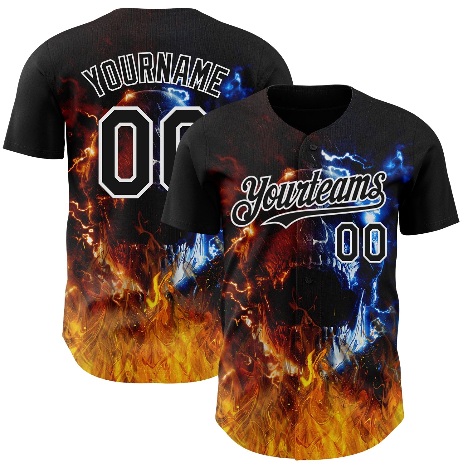 Custom Black-White Flames Skull Authentic Baseball Jersey - Main View
