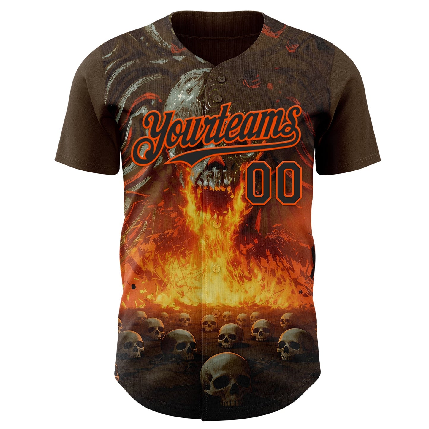 Custom Brown Black-Orange Flames Skull Authentic Baseball Jersey view 2