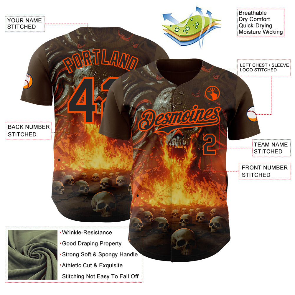 Custom Brown Black-Orange Flames Skull Authentic Baseball Jersey view 3