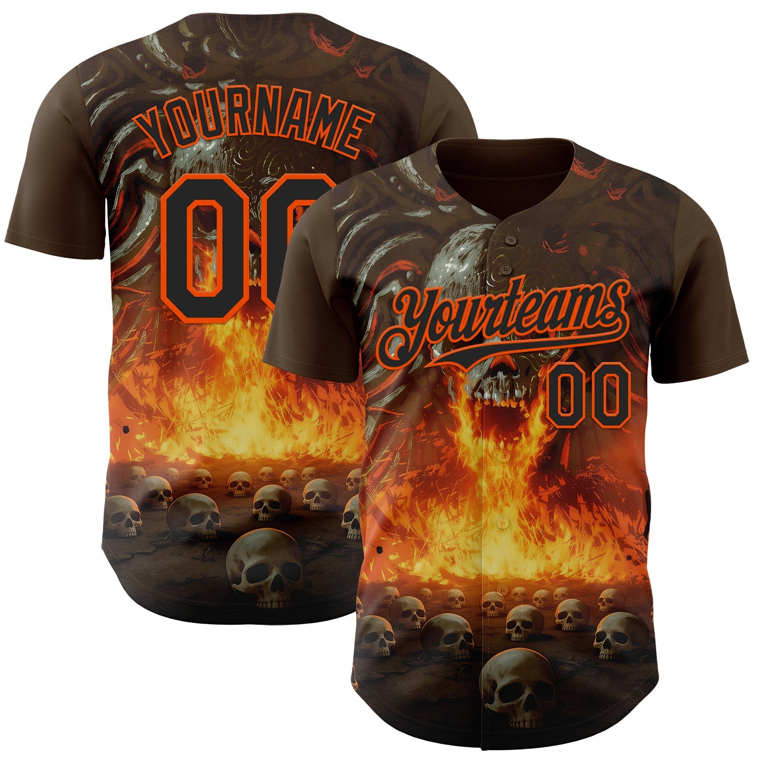 Custom Brown Black-Orange Flames Skull Authentic Baseball Jersey - Main View