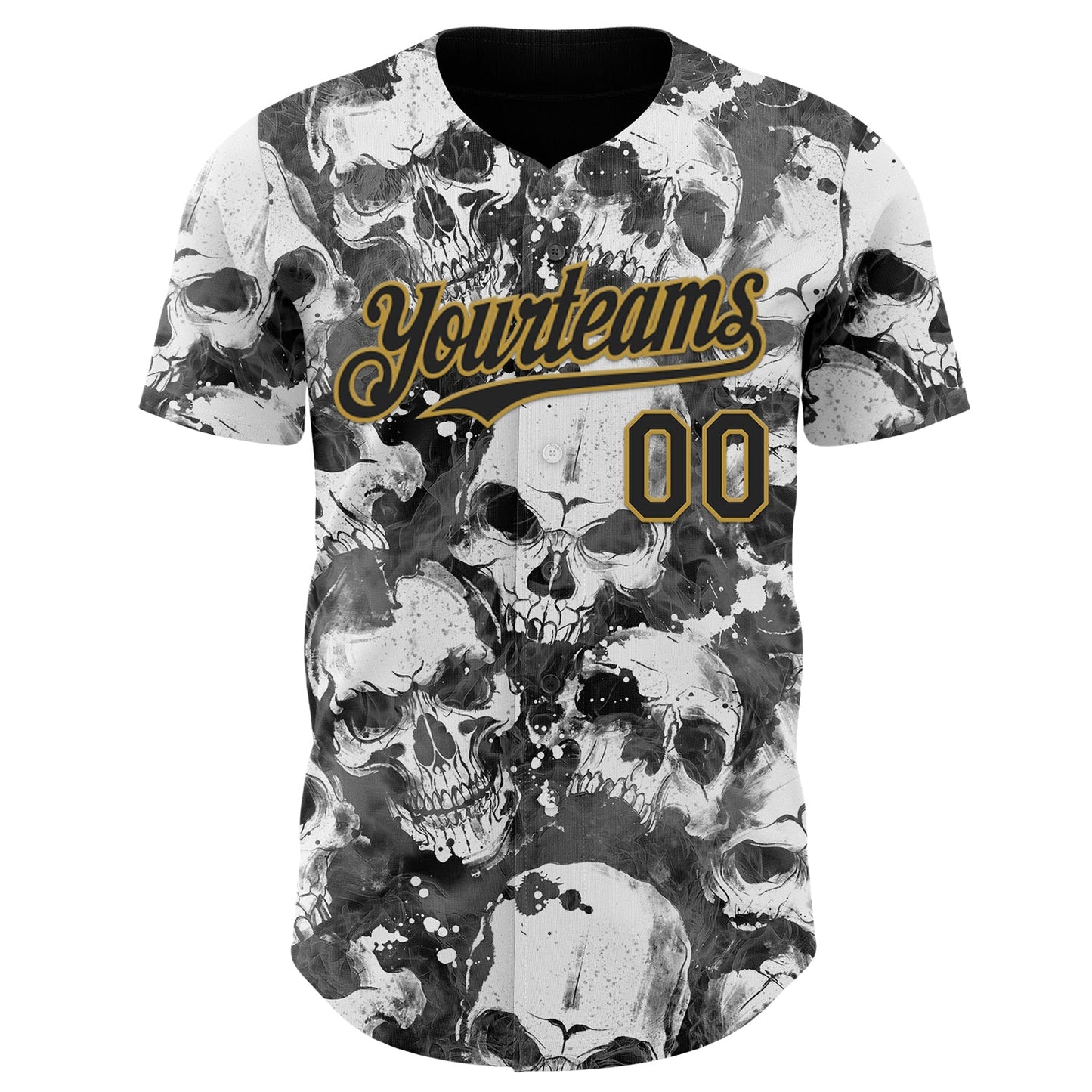 Custom Gray Black-Old Gold Flames Skull Smoke Authentic Baseball Jersey view 2