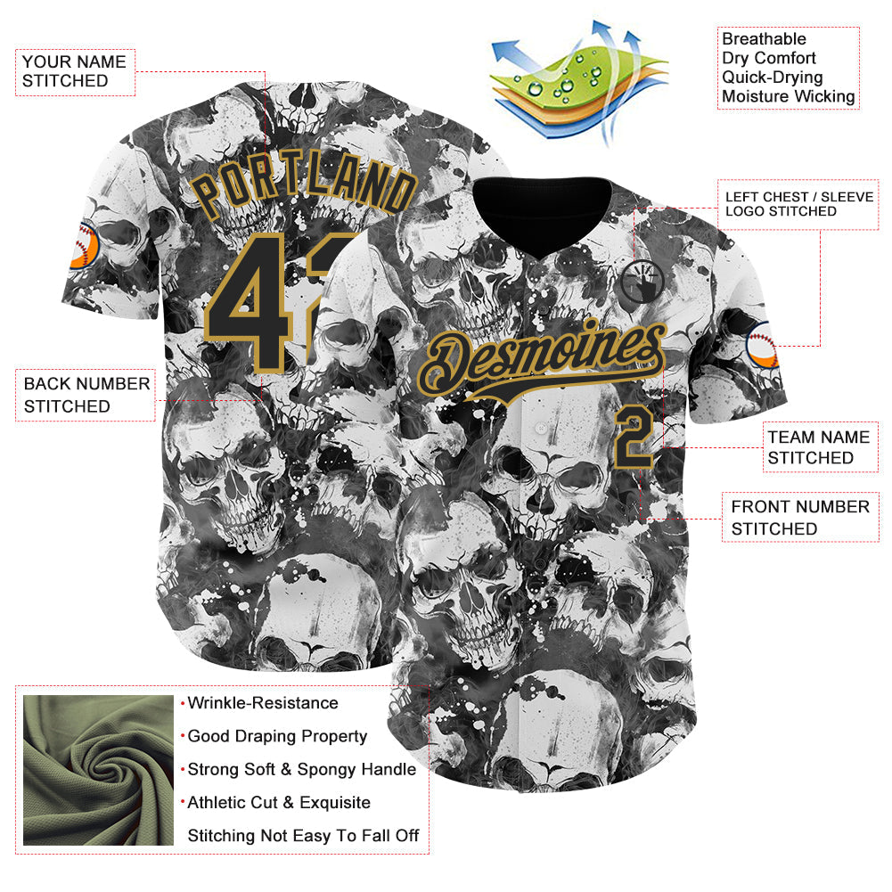 Custom Gray Black-Old Gold Flames Skull Smoke Authentic Baseball Jersey view 3