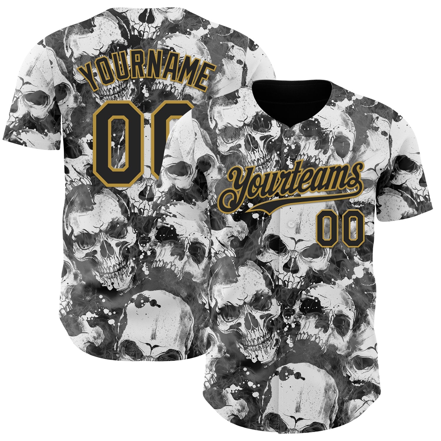 Custom Gray Black-Old Gold Flames Skull Smoke Authentic Baseball Jersey - Main View