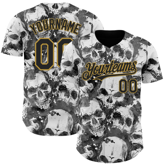 Custom Gray Black-Old Gold Flames Skull Smoke Authentic Baseball Jersey - Main View