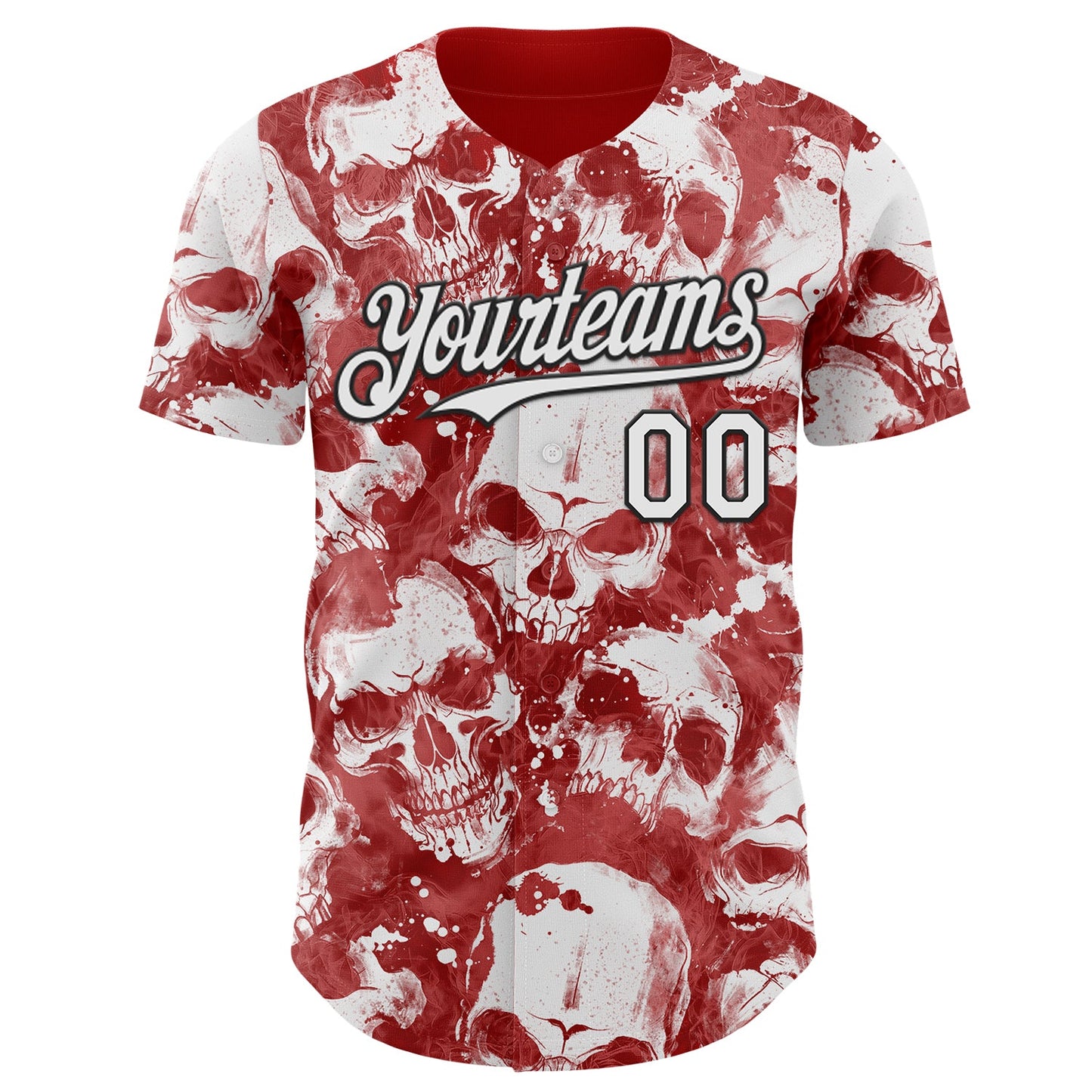 Custom Red White-Black Flames Skull Smoke Authentic Baseball Jersey view 2