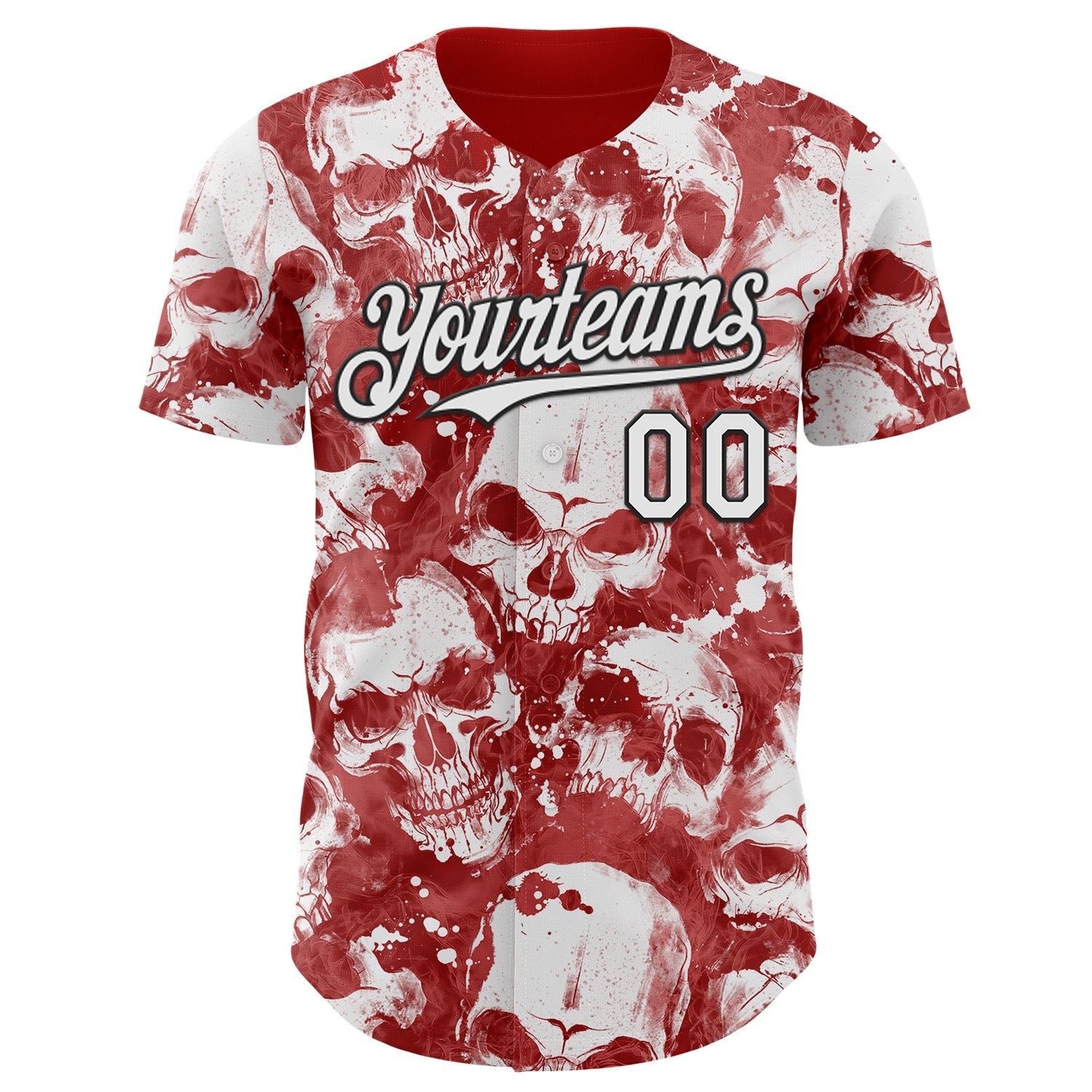 Custom Red White-Black Flames Skull Smoke Authentic Baseball Jersey view 2