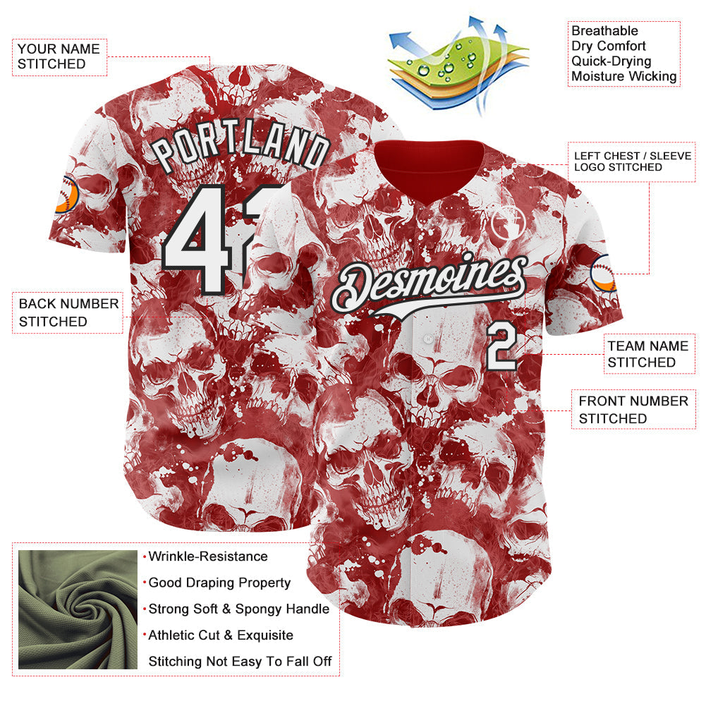 Custom Red White-Black Flames Skull Smoke Authentic Baseball Jersey view 3