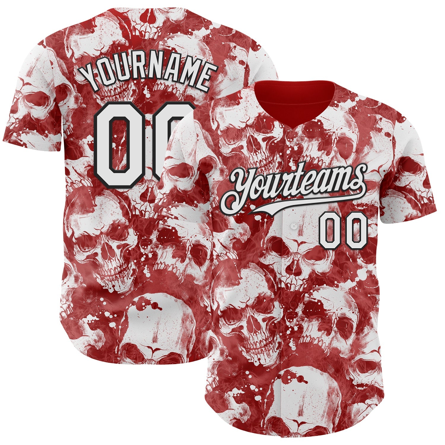 Custom Red White-Black Flames Skull Smoke Authentic Baseball Jersey - Main View