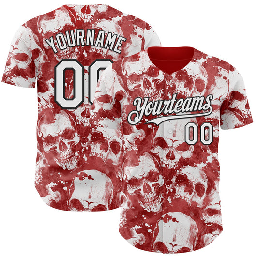 Custom Red White-Black Flames Skull Smoke Authentic Baseball Jersey - Main View