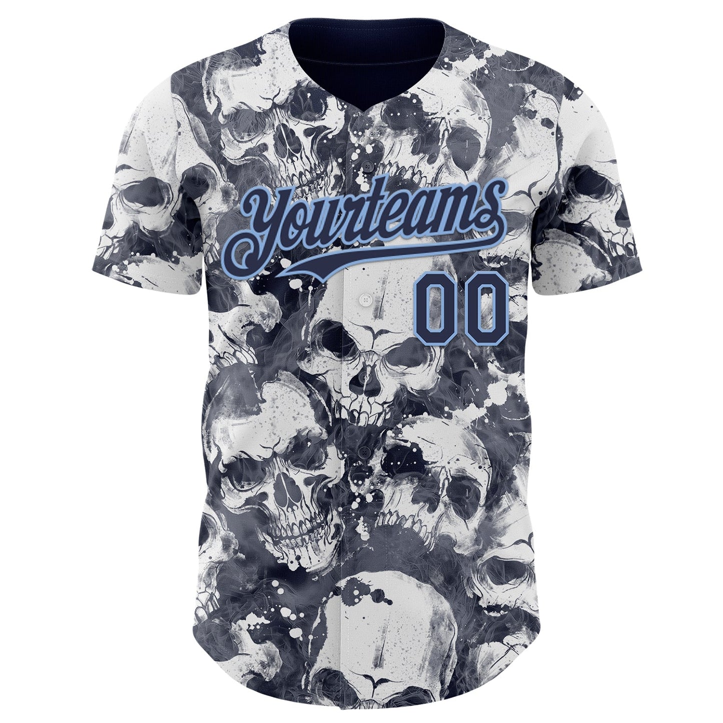 Custom Gray Navy-Light Blue Flames Skull Smoke Authentic Baseball Jersey view 2