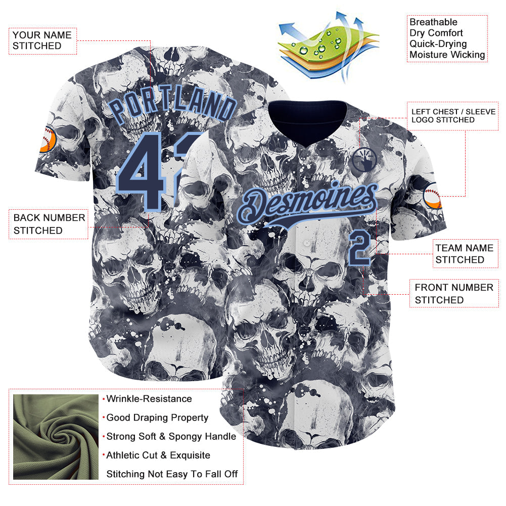 Custom Gray Navy-Light Blue Flames Skull Smoke Authentic Baseball Jersey view 3
