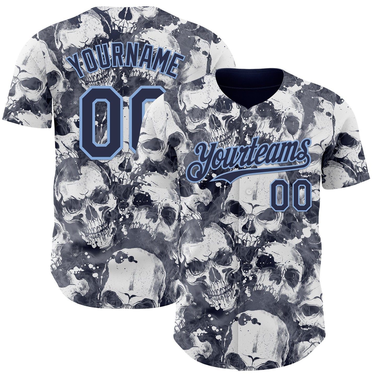 Custom Gray Navy-Light Blue Flames Skull Smoke Authentic Baseball Jersey - Main View
