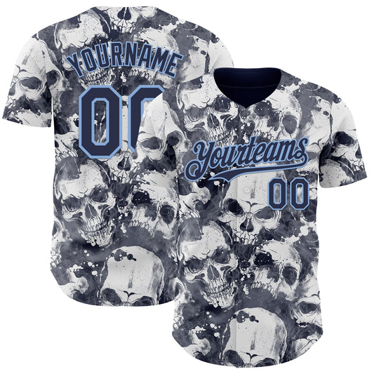 Custom Gray Navy-Light Blue Flames Skull Smoke Authentic Baseball Jersey - Main View