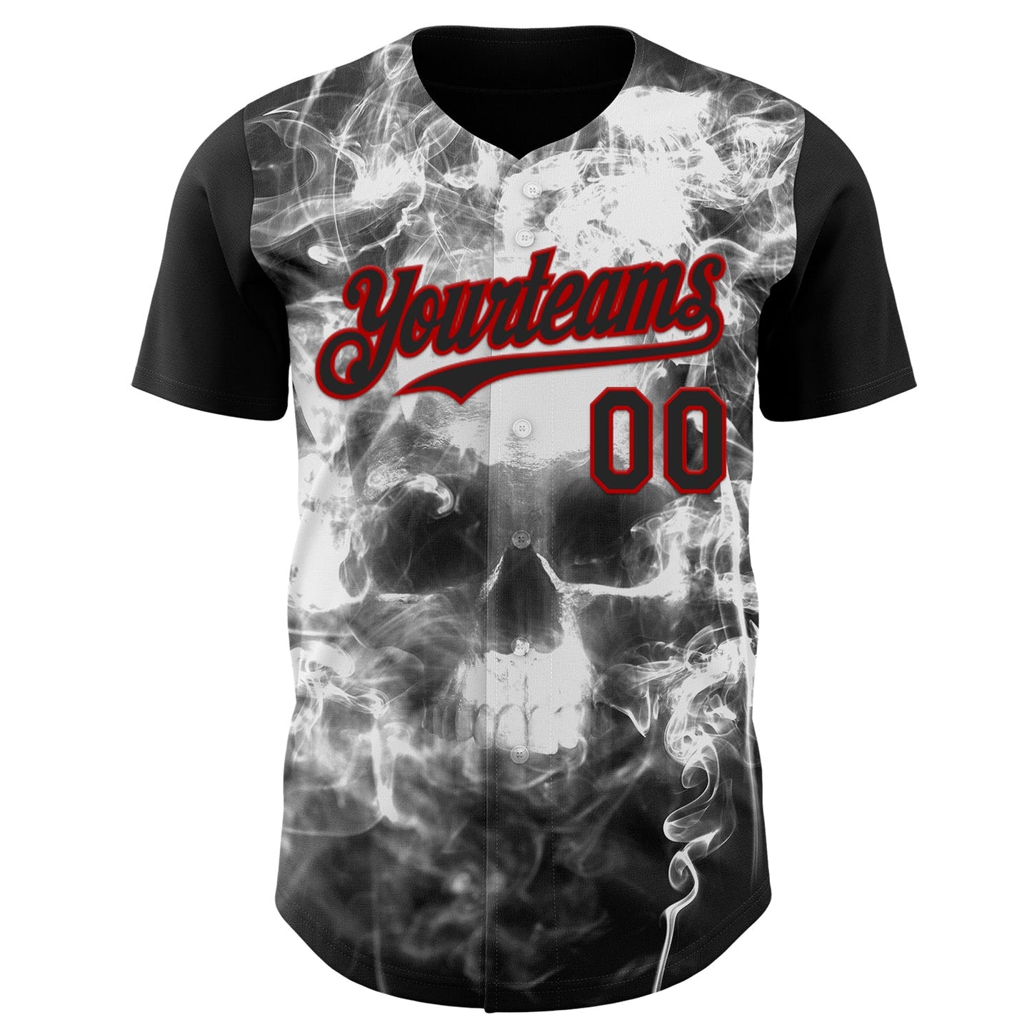 Custom Black White-Red Flames Skull Smoke Authentic Baseball Jersey view 2