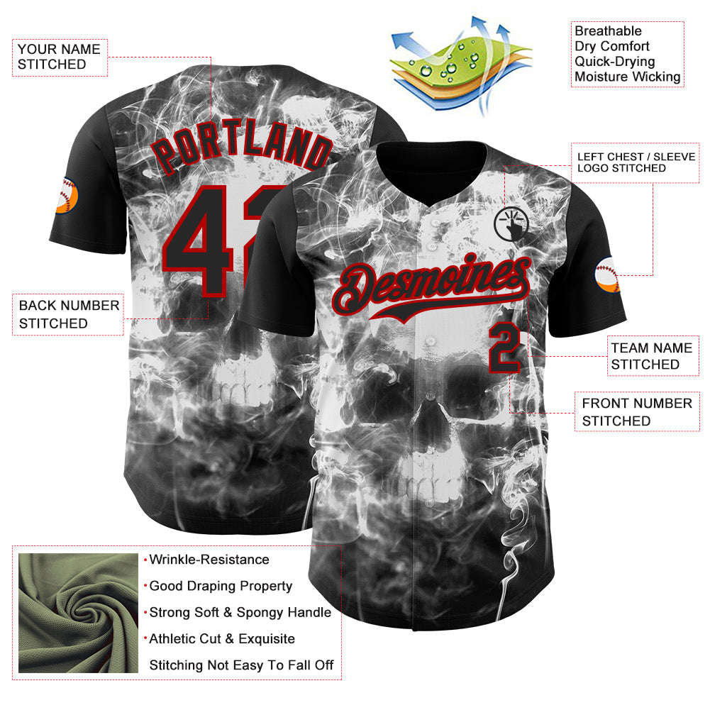 Custom Black White-Red Flames Skull Smoke Authentic Baseball Jersey view 3