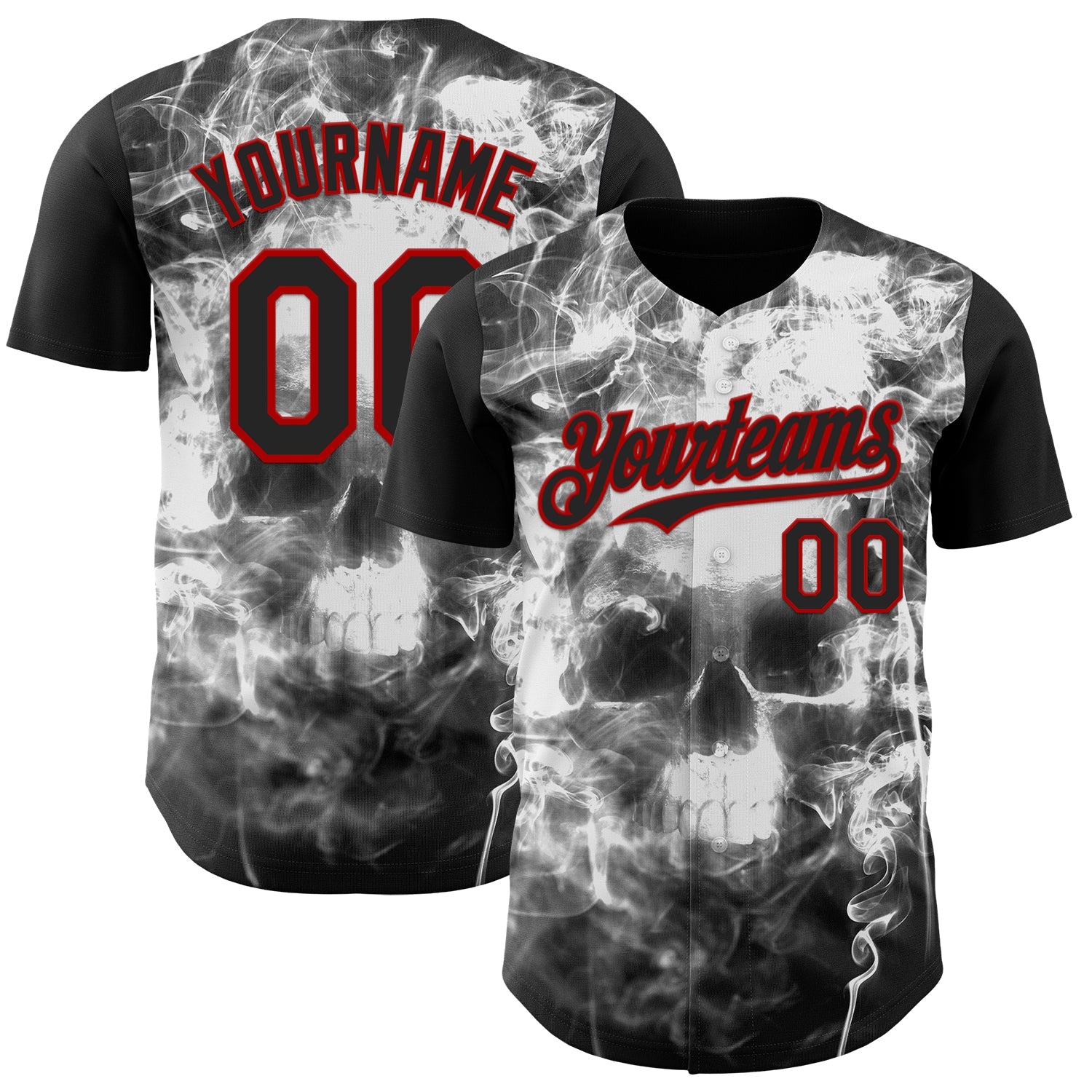 Custom Black White-Red Flames Skull Smoke Authentic Baseball Jersey - Main View