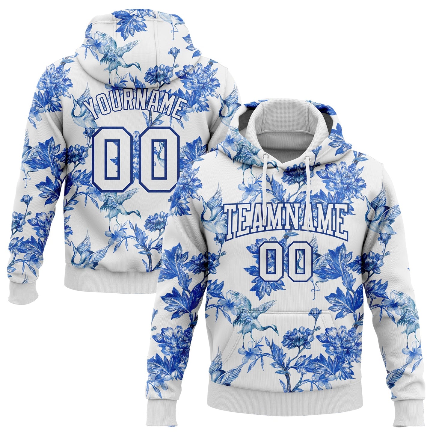 Custom Stitched White Royal 3D Pattern Design Heron And Flower Sports Pullover Sweatshirt Hoodie - Main View