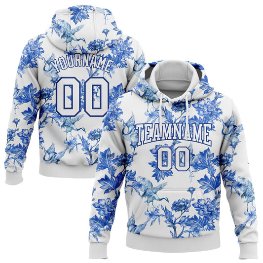 Custom Stitched White Royal 3D Pattern Design Heron And Flower Sports Pullover Sweatshirt Hoodie - Main View