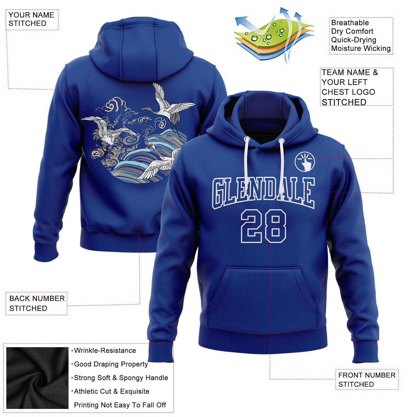 Custom Stitched Royal White 3D Pattern Design Crane And Cloud Sports Pullover Sweatshirt Hoodie view 2