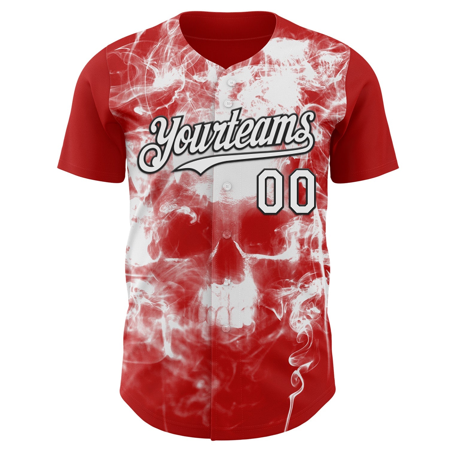 Custom Red White-Black Flames Skull Smoke Authentic Baseball Jersey view 2