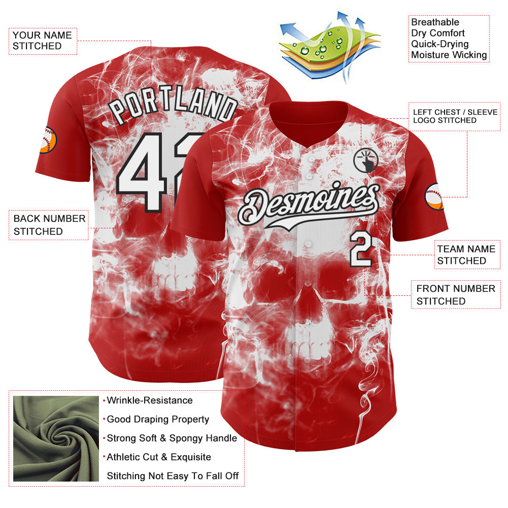 Custom Red White-Black Flames Skull Smoke Authentic Baseball Jersey view 3