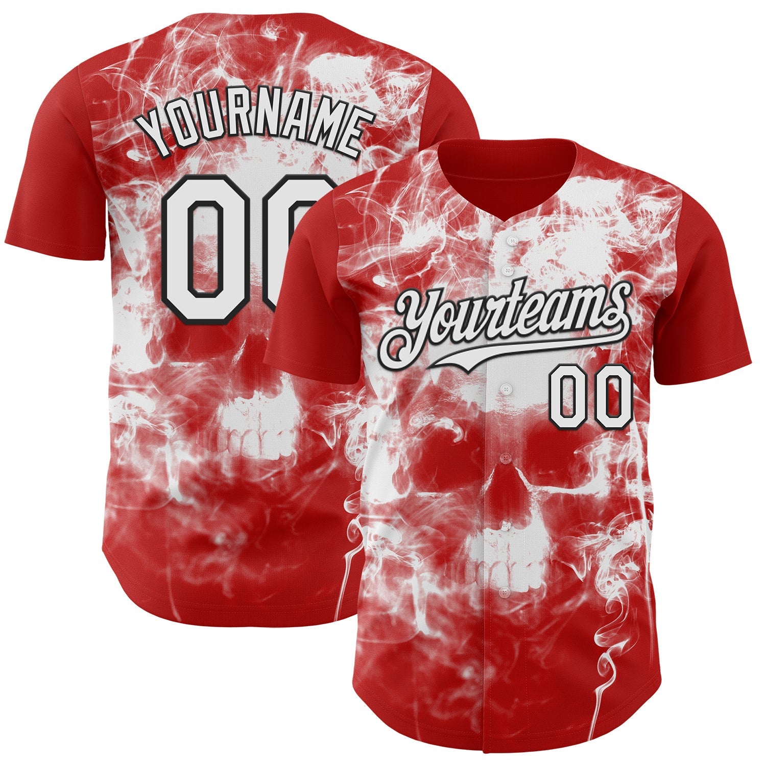 Custom Red White-Black Flames Skull Smoke Authentic Baseball Jersey - Main View