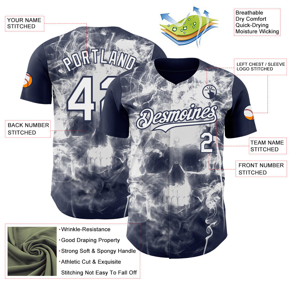 Custom Navy-White Flames Skull Smoke Authentic Baseball Jersey view 3