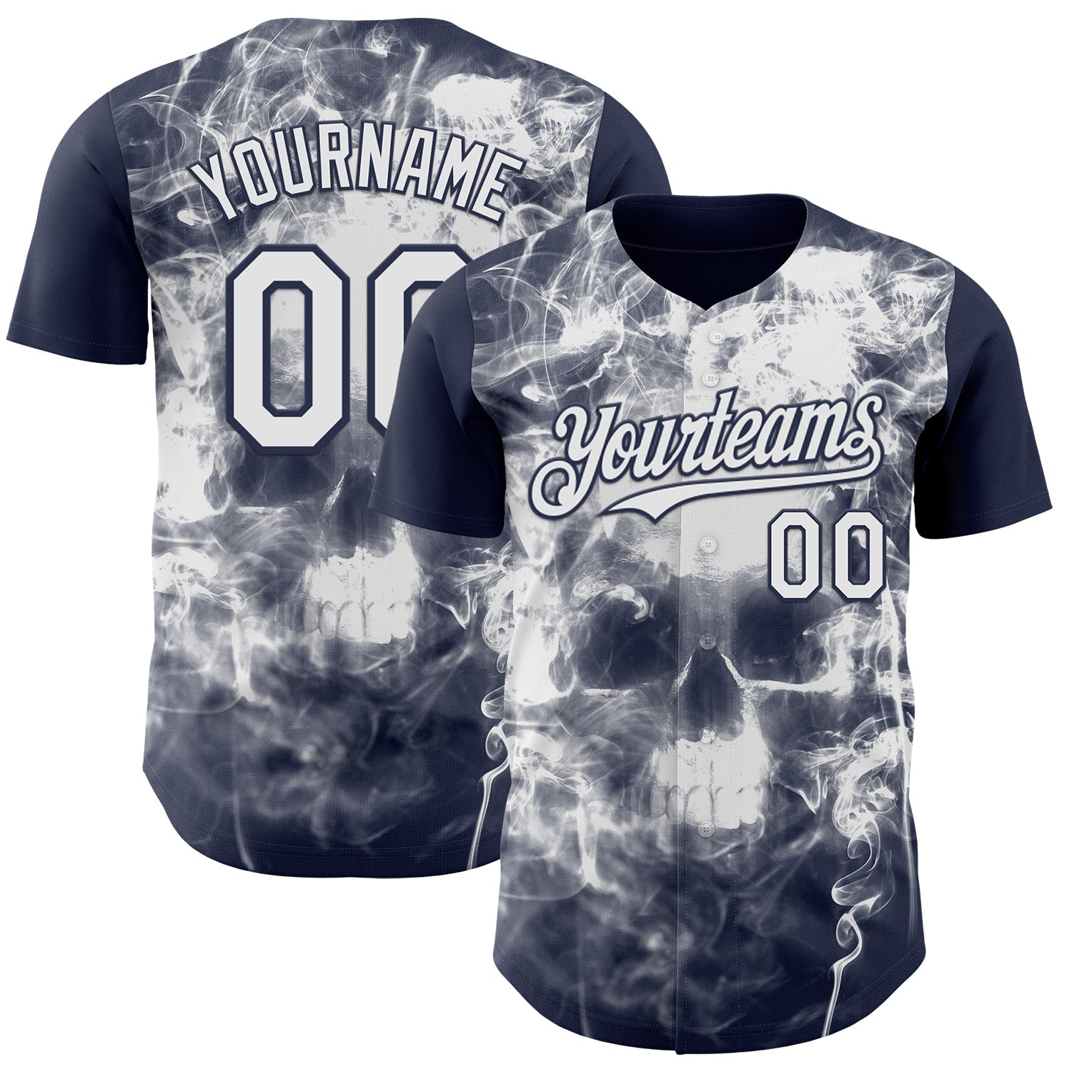 Custom Navy-White Flames Skull Smoke Authentic Baseball Jersey - Main View