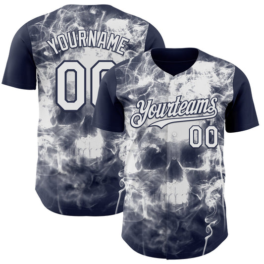 Custom Navy-White Flames Skull Smoke Authentic Baseball Jersey - Main View