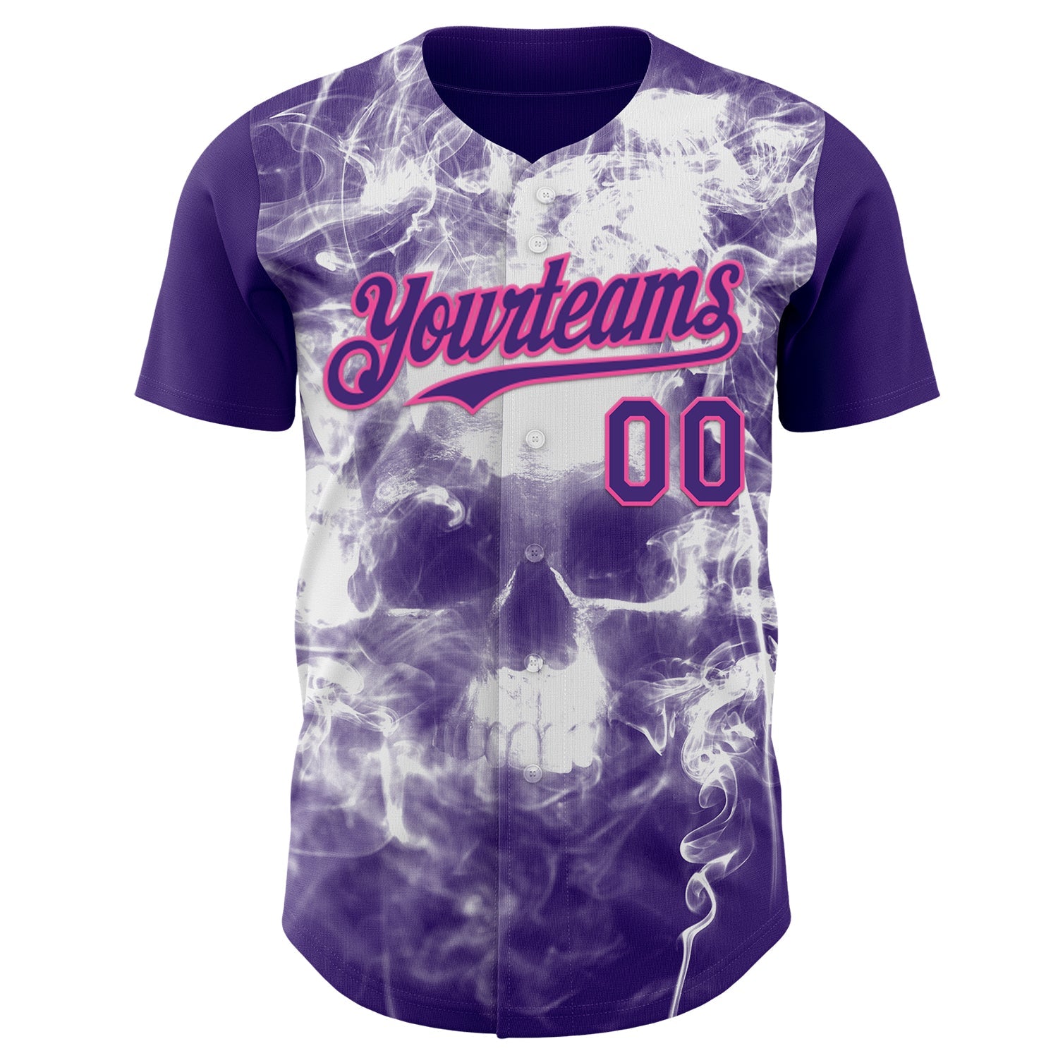 Custom Purple-Pink Flames Skull Smoke Authentic Baseball Jersey view 2