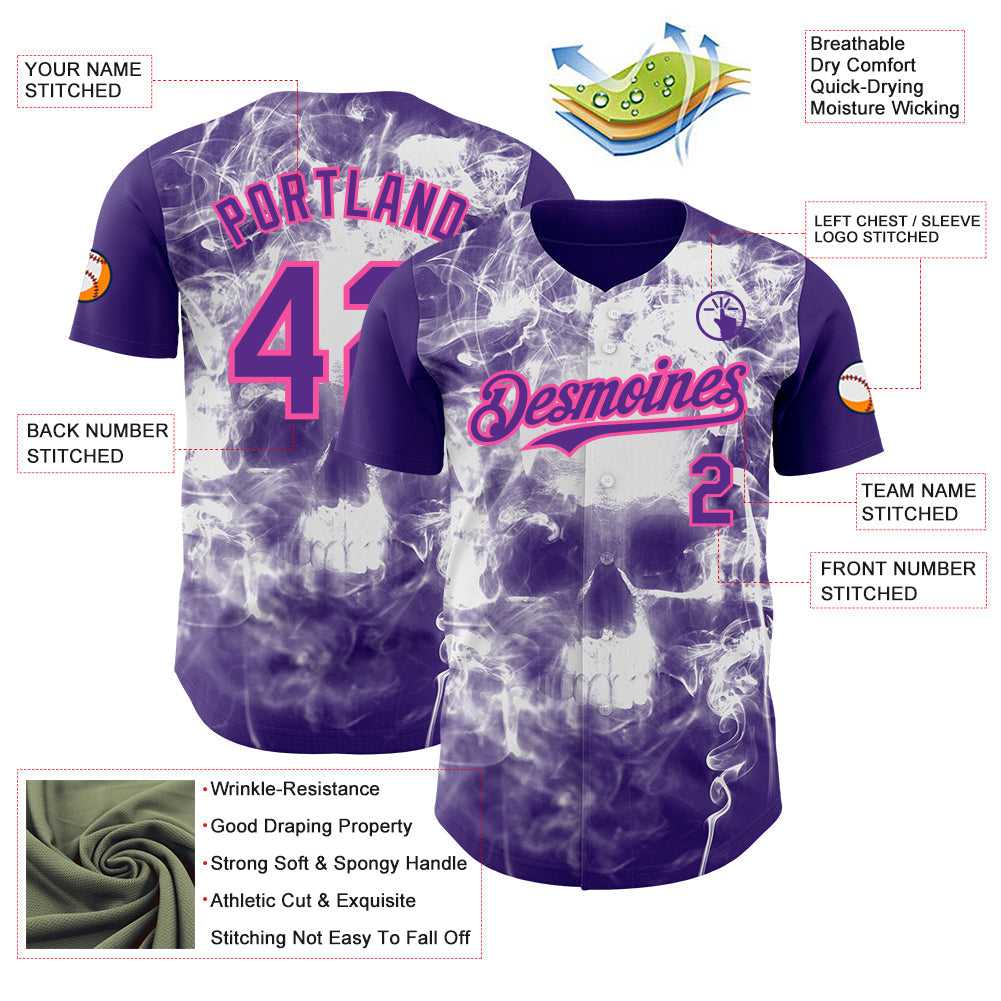 Custom Purple-Pink Flames Skull Smoke Authentic Baseball Jersey view 3