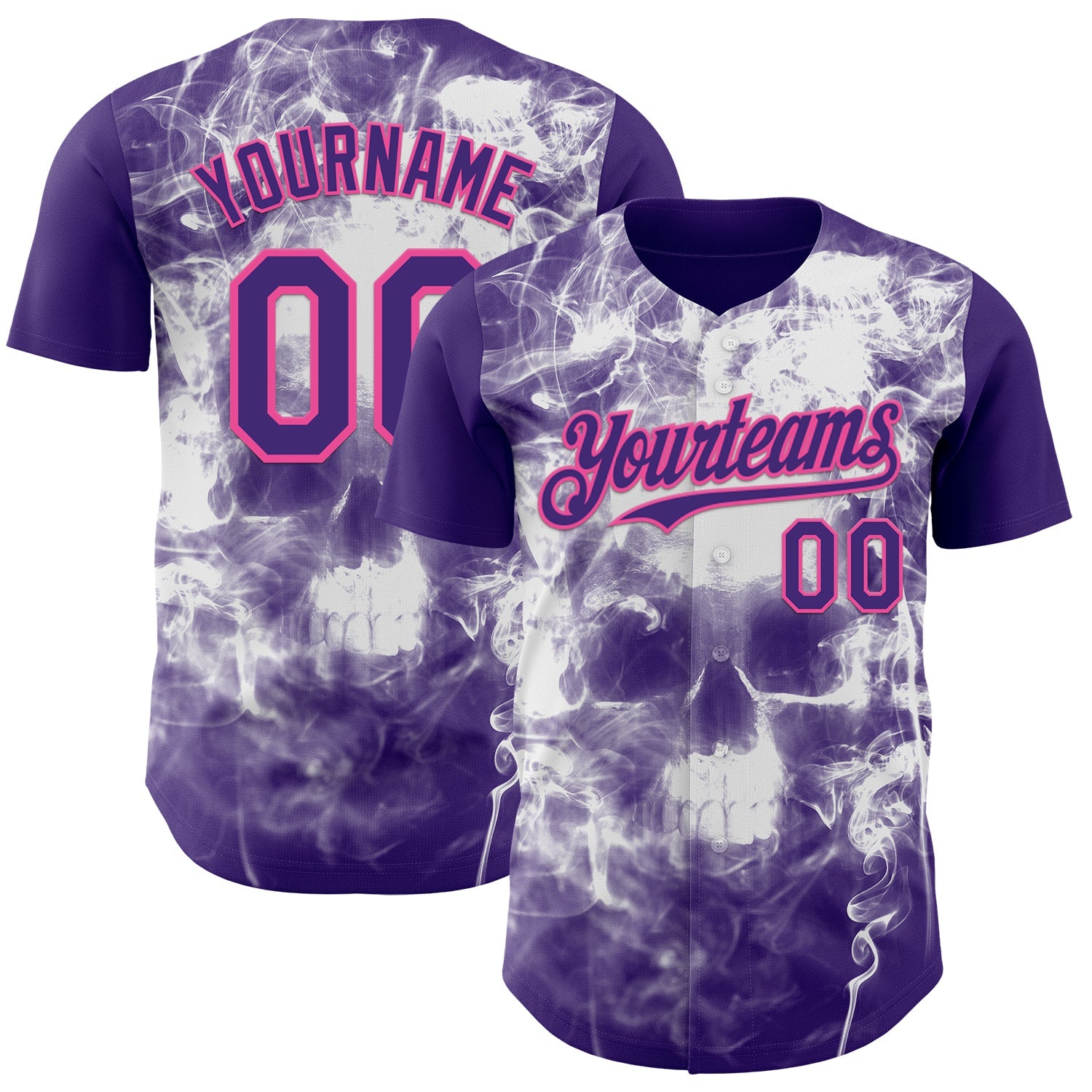 Custom Purple-Pink Flames Skull Smoke Authentic Baseball Jersey - Main View