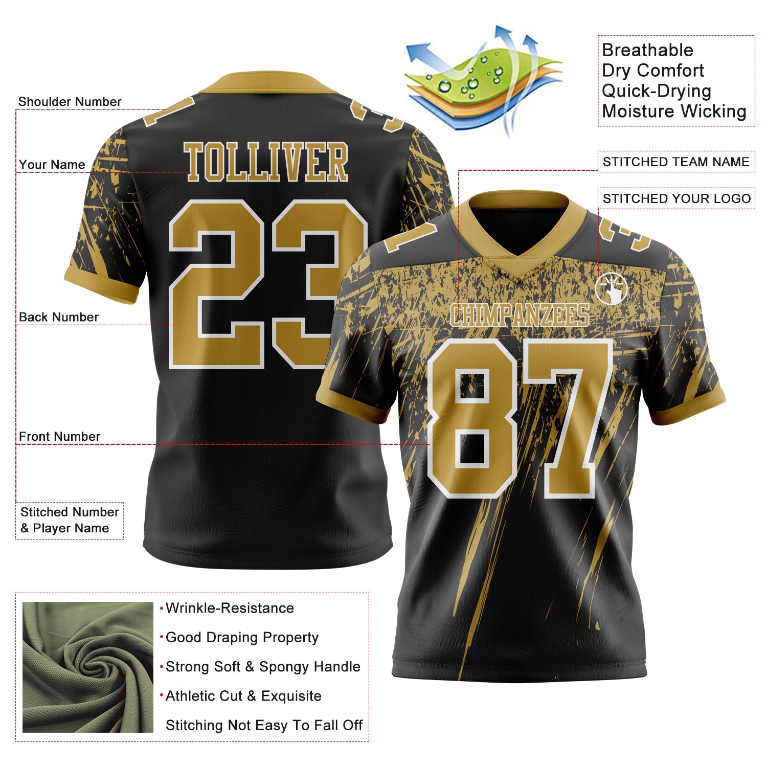 Custom Black Old Gold-White Authentic Distressed Scratch Brush Stroke Football Jersey view 2