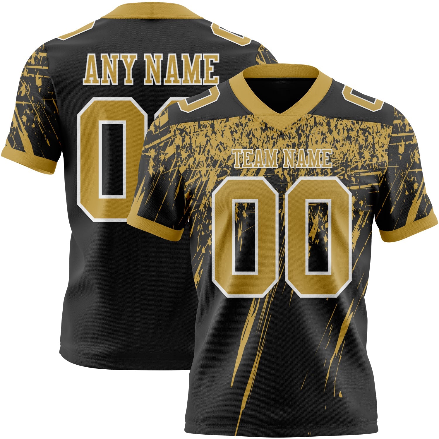 Custom Black Old Gold-White Authentic Distressed Scratch Brush Stroke Football Jersey - Main View