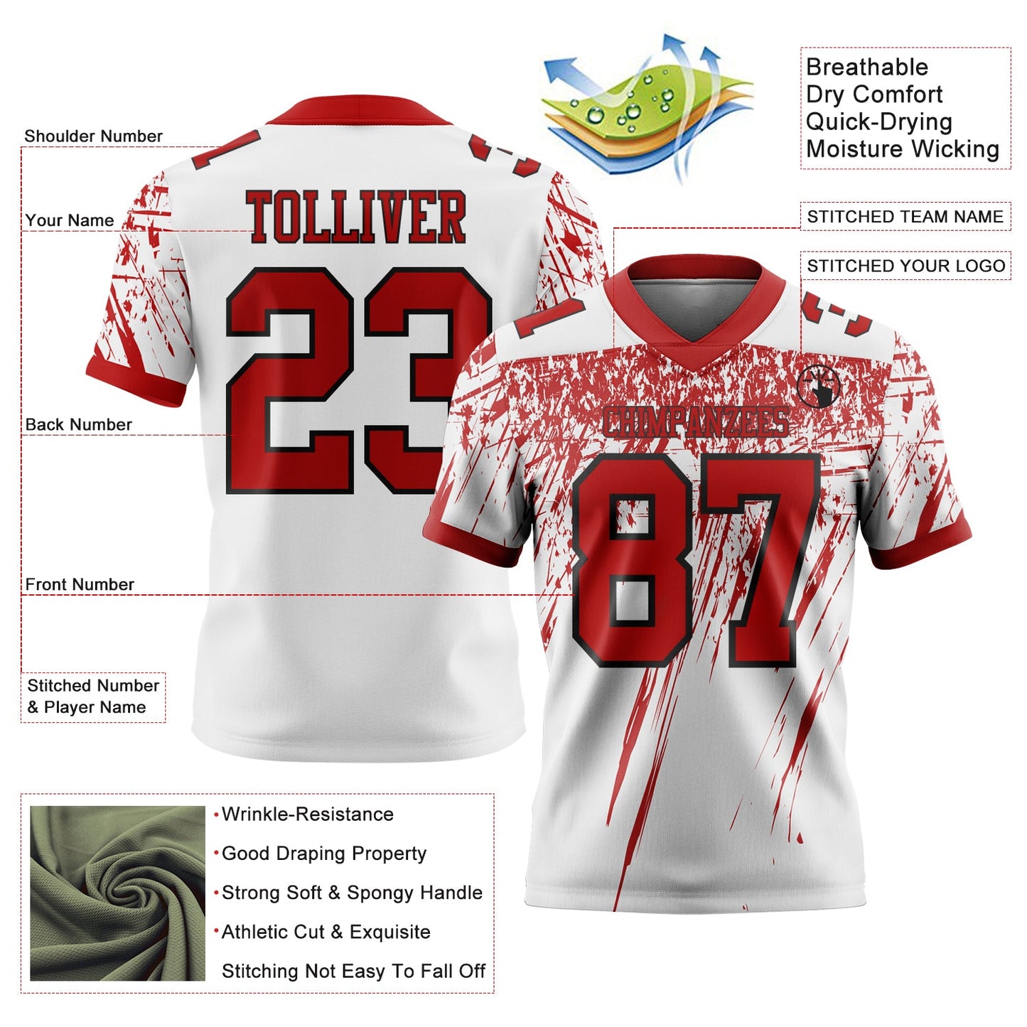 Custom White Red-Black Authentic Distressed Scratch Brush Stroke Football Jersey view 2