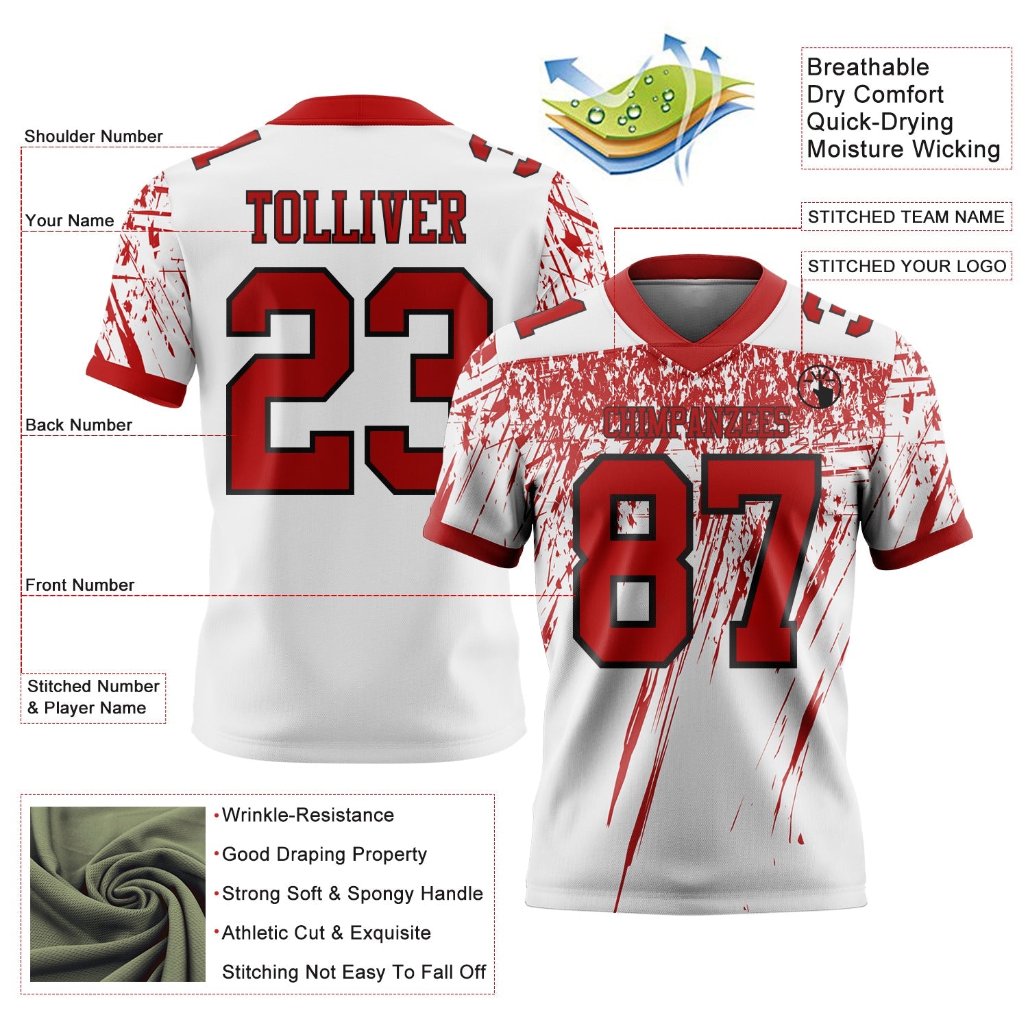 Custom White Red-Black Authentic Distressed Scratch Brush Stroke Football Jersey view 2