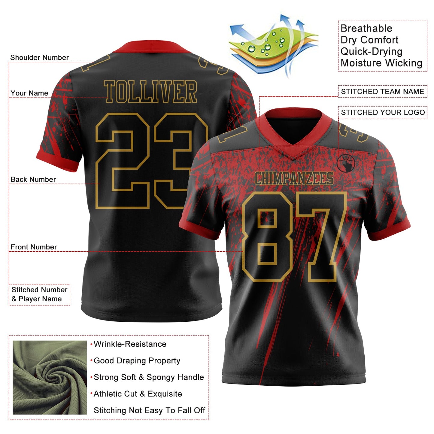 Custom Black Red-Old Gold Authentic Distressed Scratch Brush Stroke Football Jersey view 2
