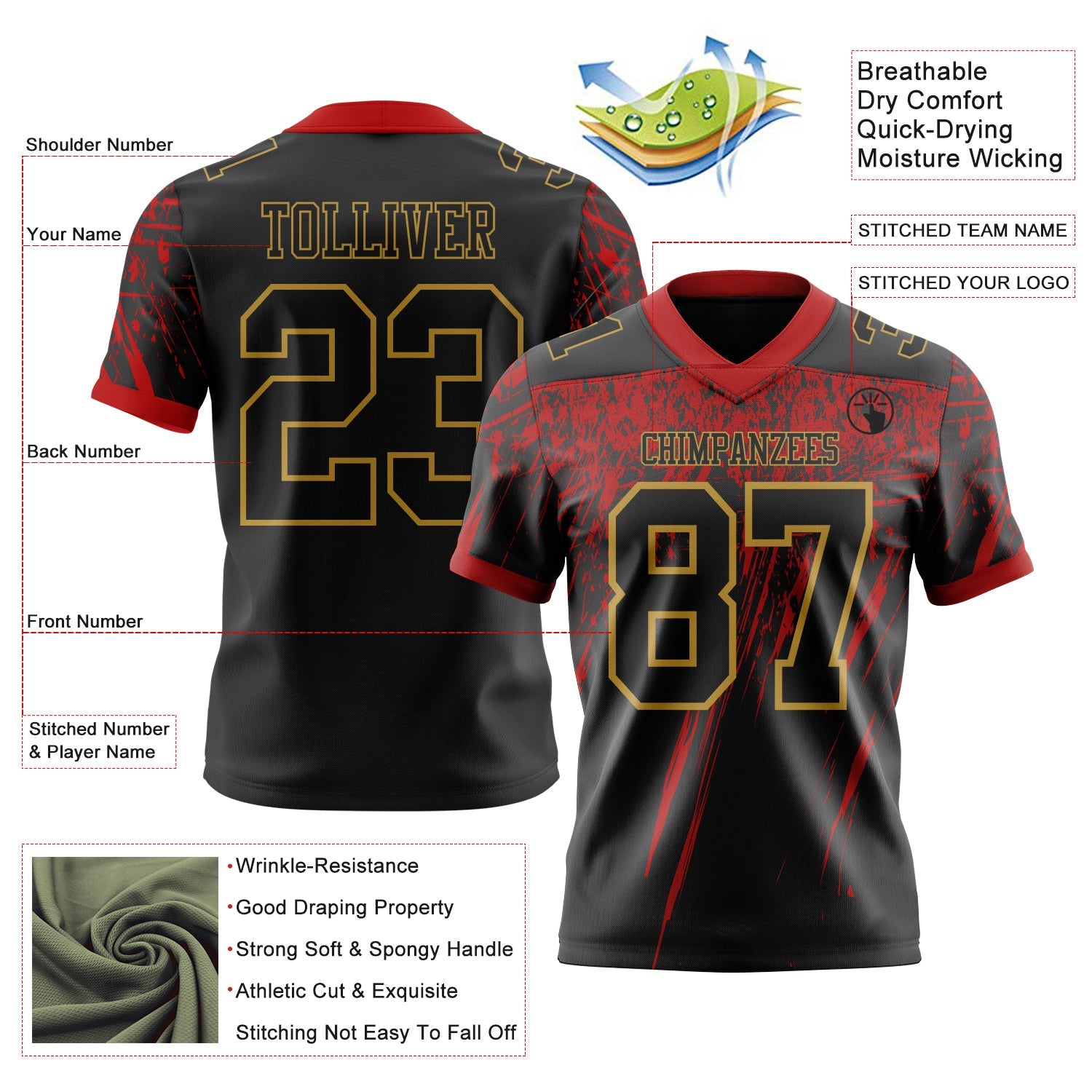 Custom Black Red-Old Gold Authentic Distressed Scratch Brush Stroke Football Jersey view 2