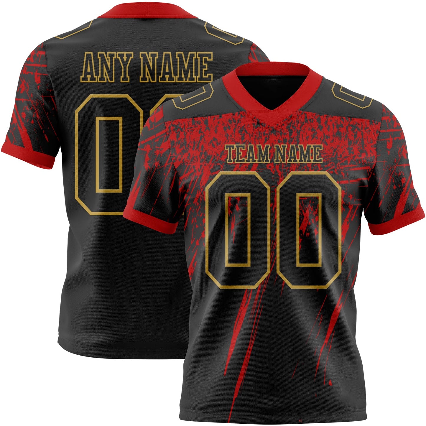 Custom Black Red-Old Gold Authentic Distressed Scratch Brush Stroke Football Jersey - Main View