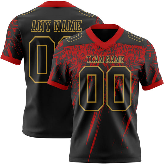 Custom Black Red-Old Gold Authentic Distressed Scratch Brush Stroke Football Jersey - Main View