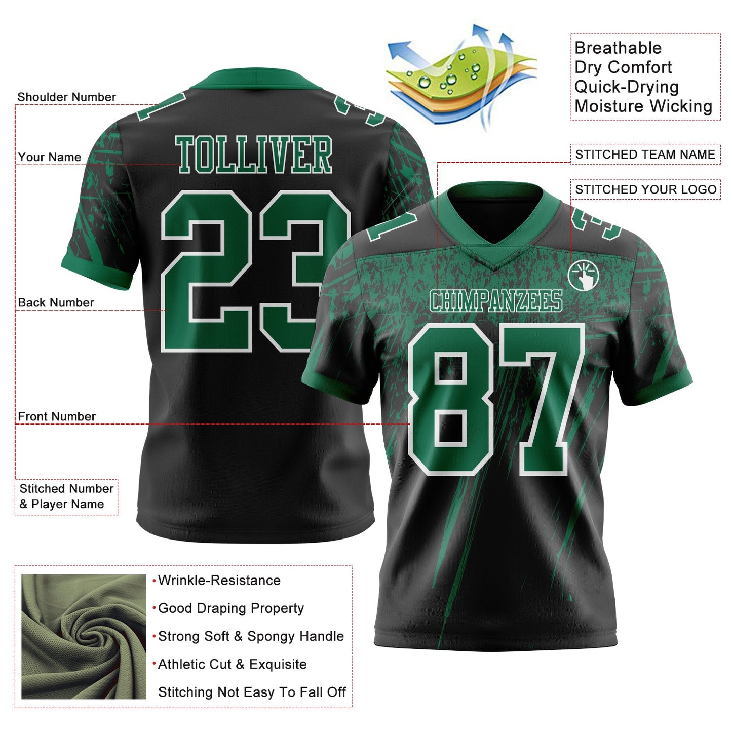 Custom Black Kelly Green-White Authentic Distressed Scratch Brush Stroke Football Jersey view 2