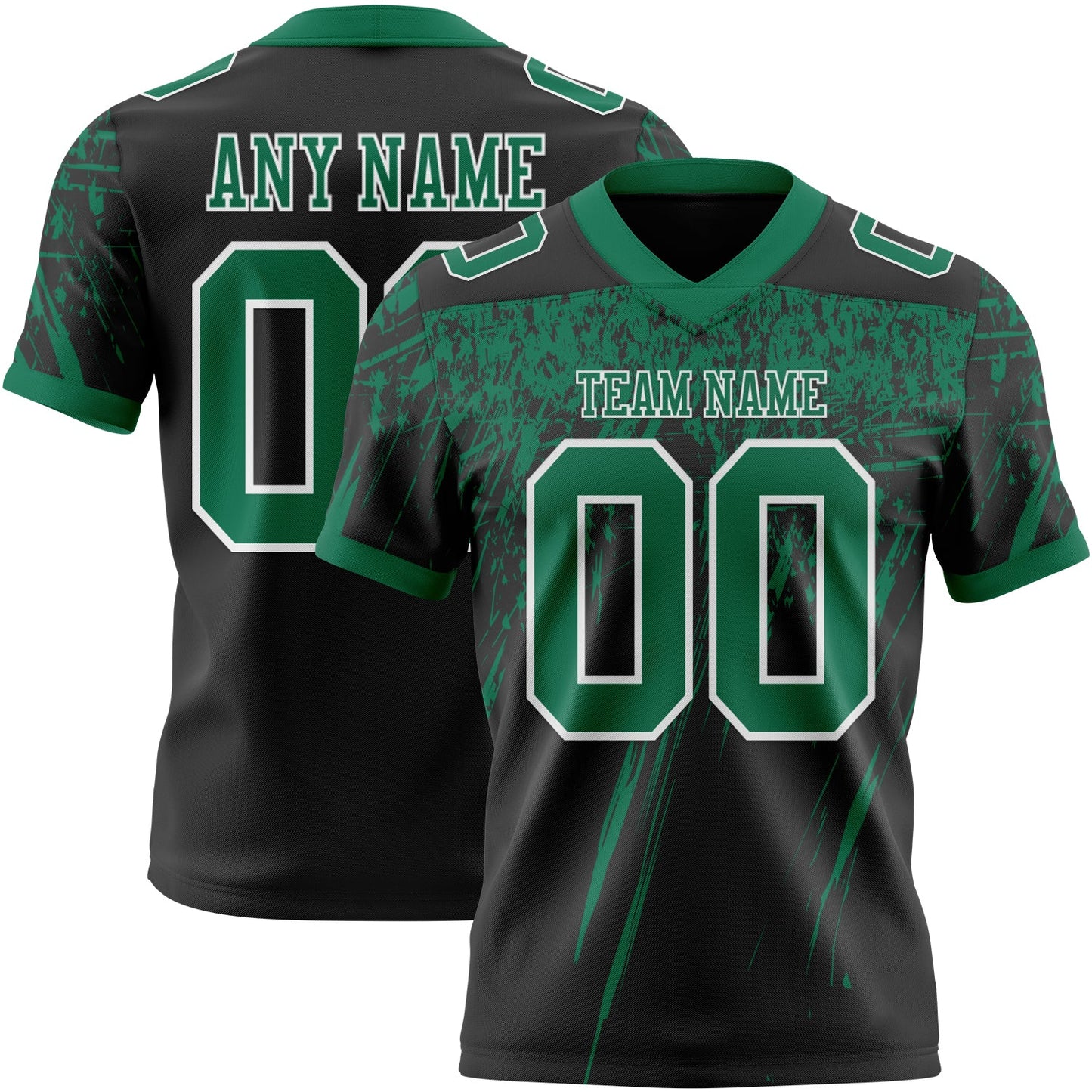 Custom Black Kelly Green-White Authentic Distressed Scratch Brush Stroke Football Jersey - Main View